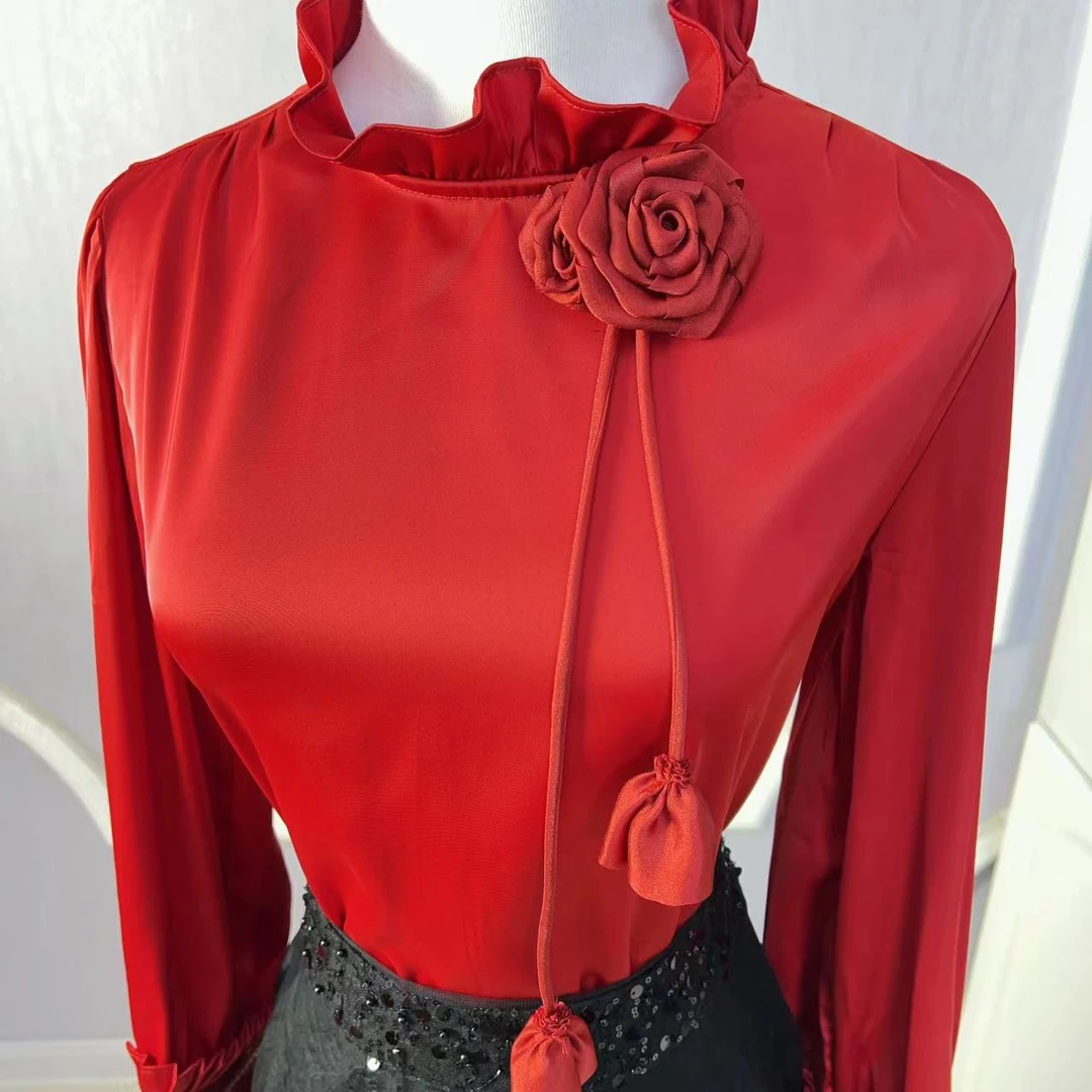 断码清仓【梦境】高级感缎面气质长袖衬衫花朵上衣
