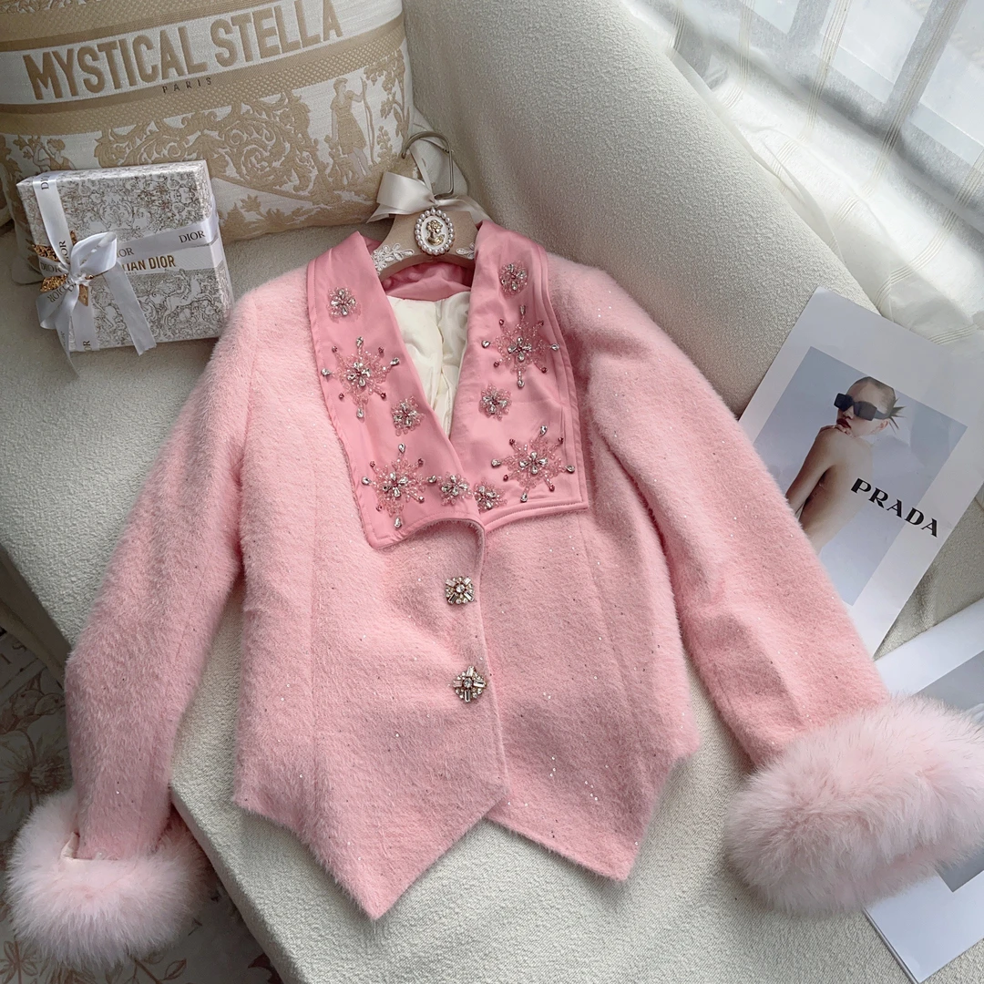 2024秋冬新款【冬词】千金风水钻翻领重工镶钻气质加绒加厚外套女
