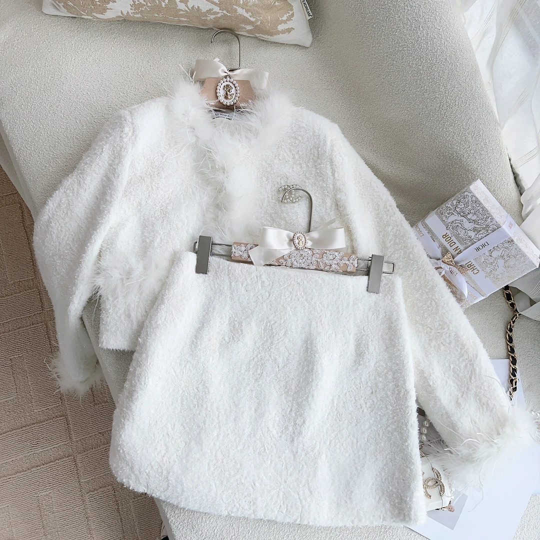 【现货秒发】【温雪】法式气质毛毛小香风外套搭配高腰半身裙两件套