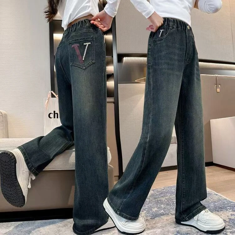 女童牛仔裤阔腿裤春秋新款儿童裤子学生显瘦宽松中大童牛仔裤直筒