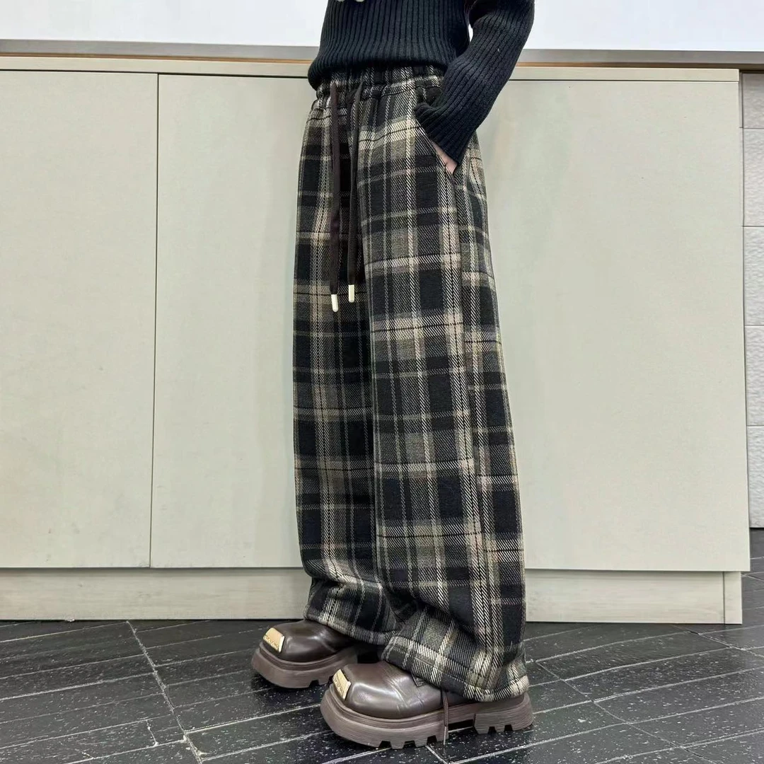 仿兔貂格子裤女冬季2024年新款垂感高腰加厚休闲直筒复古阔腿裤