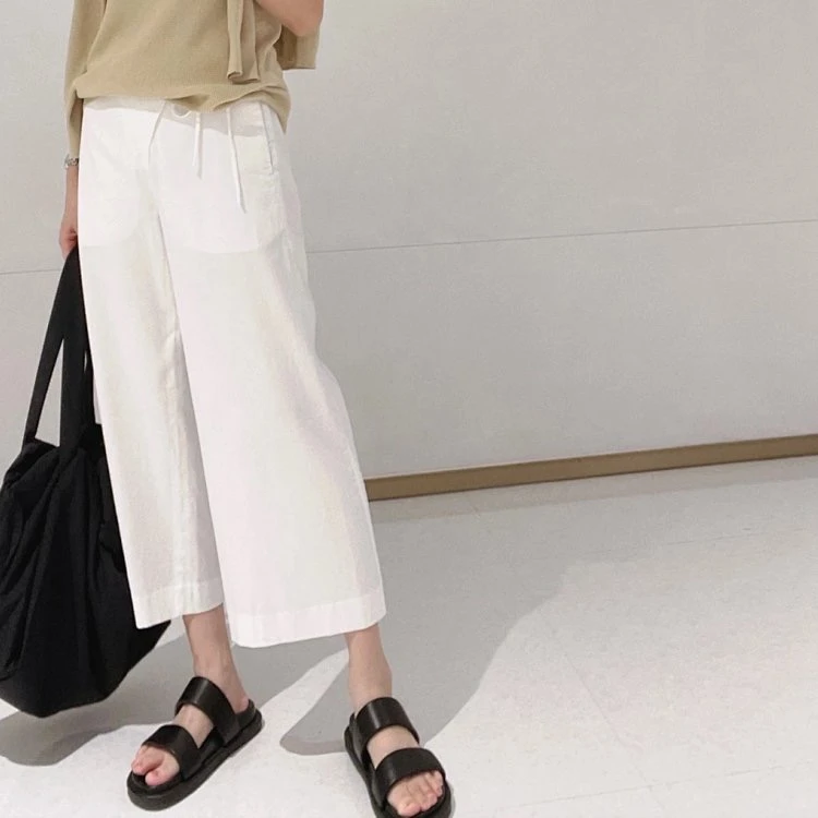 FERCOO白色也显瘦巨赞意进口棉七分休闲阔腿裤女薄款直筒