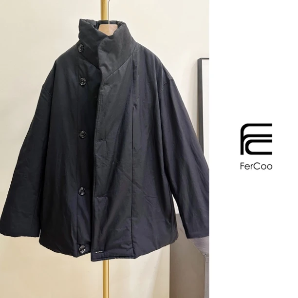 FERCOO简约气质有型男女同款立领带扣丝棉厚外套棉服