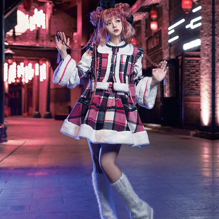 【夜城幻象】withpuji原创设计 甜辣中华风蝴蝶印花格纹套装冬lo