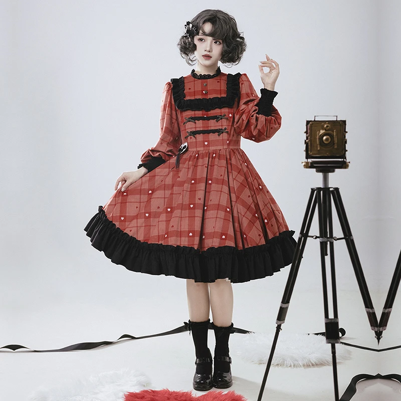 【恋恋玫果 op】withpuji原创设计 爱心格纹印花大摆裙春lolita