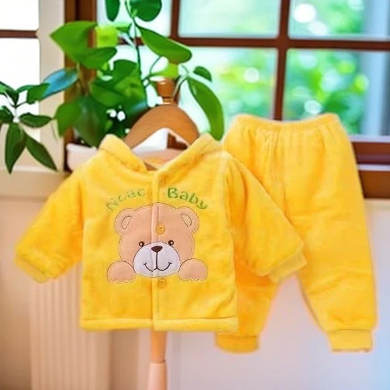 带帽加绒加厚套装男童女童珊瑚绒保暖婴儿衣服秋冬宝宝衣服新生儿