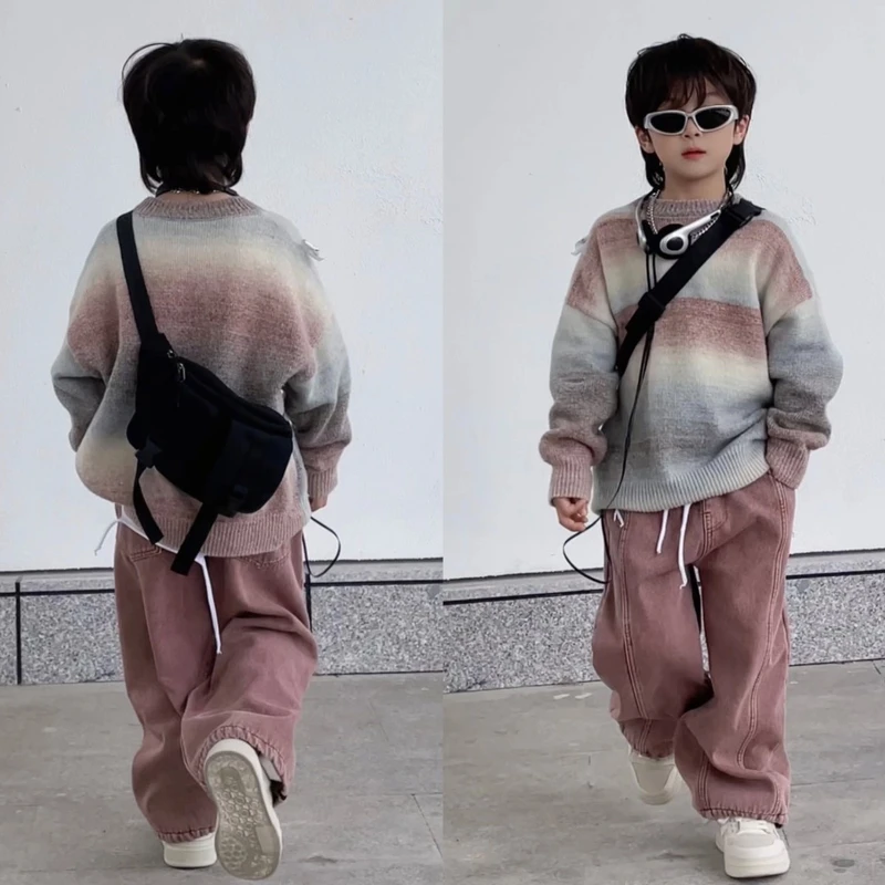 三乐乐家儿童针织洋气韩版宽松百搭时尚渐变编织工艺潮牌毛衣小众