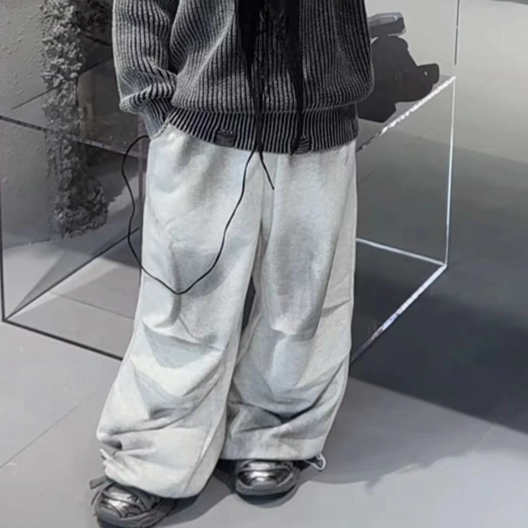 三乐乐家儿童秋季脏然休闲裤褶皱设计宽松垂感直筒高级灰卫裤