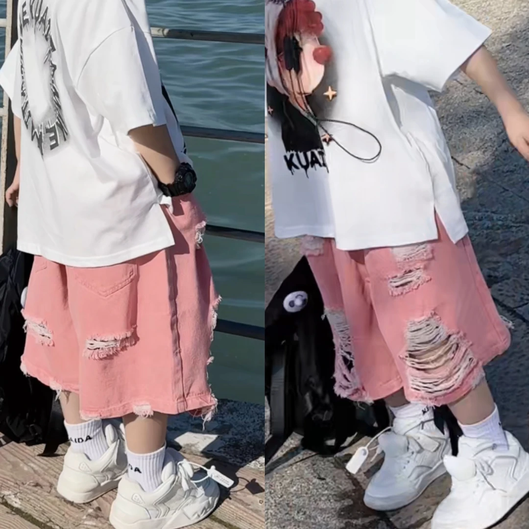 乐乐家儿童夏季美式宽松多巴胺穿搭破洞冰梅粉牛仔裤中裤休闲百搭