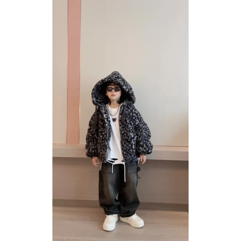 三乐乐家儿童韩系童装冬款豹纹毛毛保暖连帽外套棉袄男孩女孩