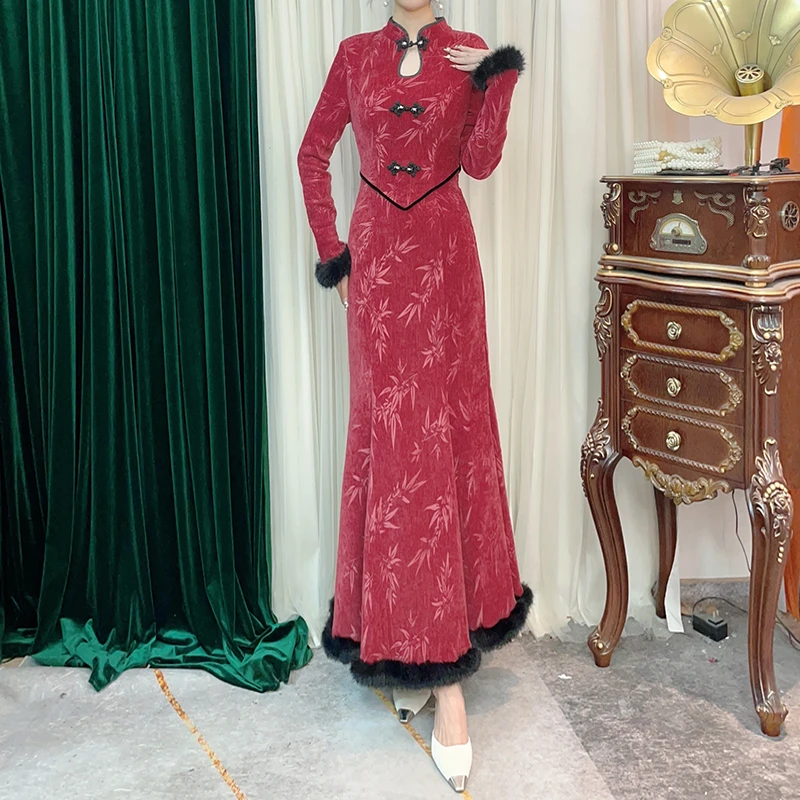 复古国风改良旗袍女新年礼服裙气质显瘦竹叶压花毛边鱼尾裙连衣裙