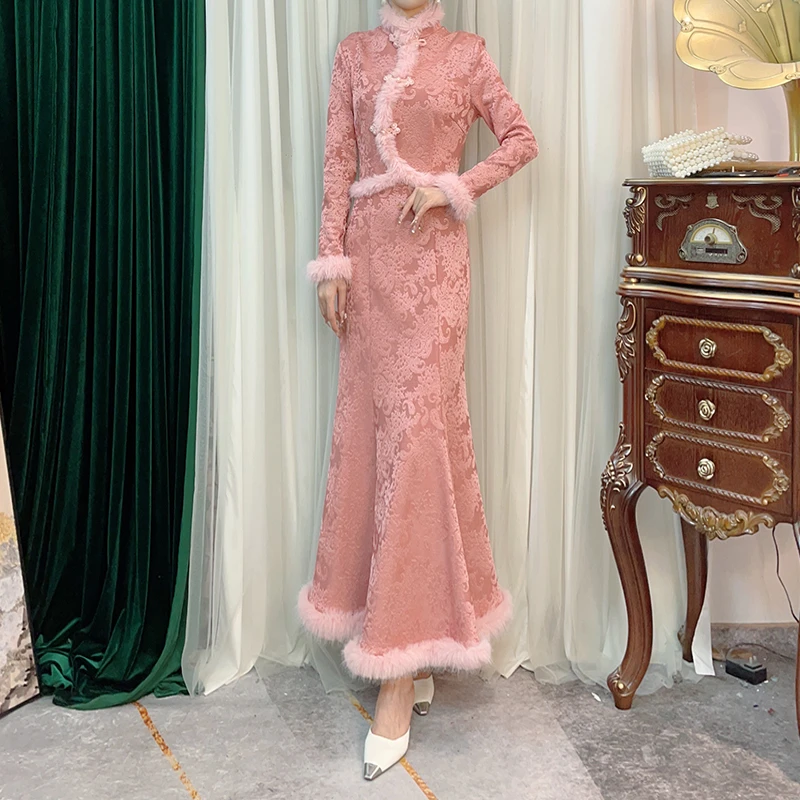 气质优雅日常改良旗袍女2024秋冬新款修身显瘦时尚鱼尾长袖连衣裙