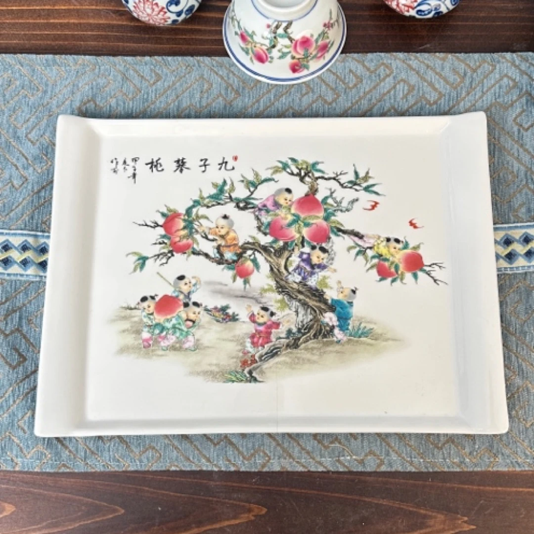 景德镇陶瓷手工粉彩九子蟠桃茶盘瓷器摆件饺子盘家用