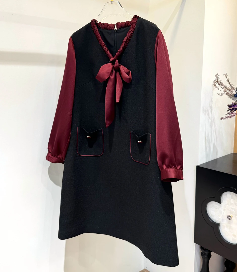 【深圳霞姐】秋季上新定制大码女装蝴蝶结领红色拼接气质连衣裙