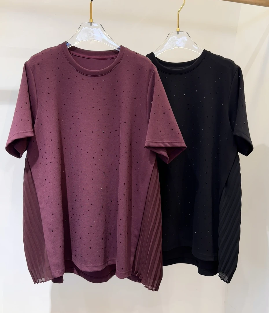 【深圳霞姐】春季新款定制大码女装烫钻侧面褶皱短袖