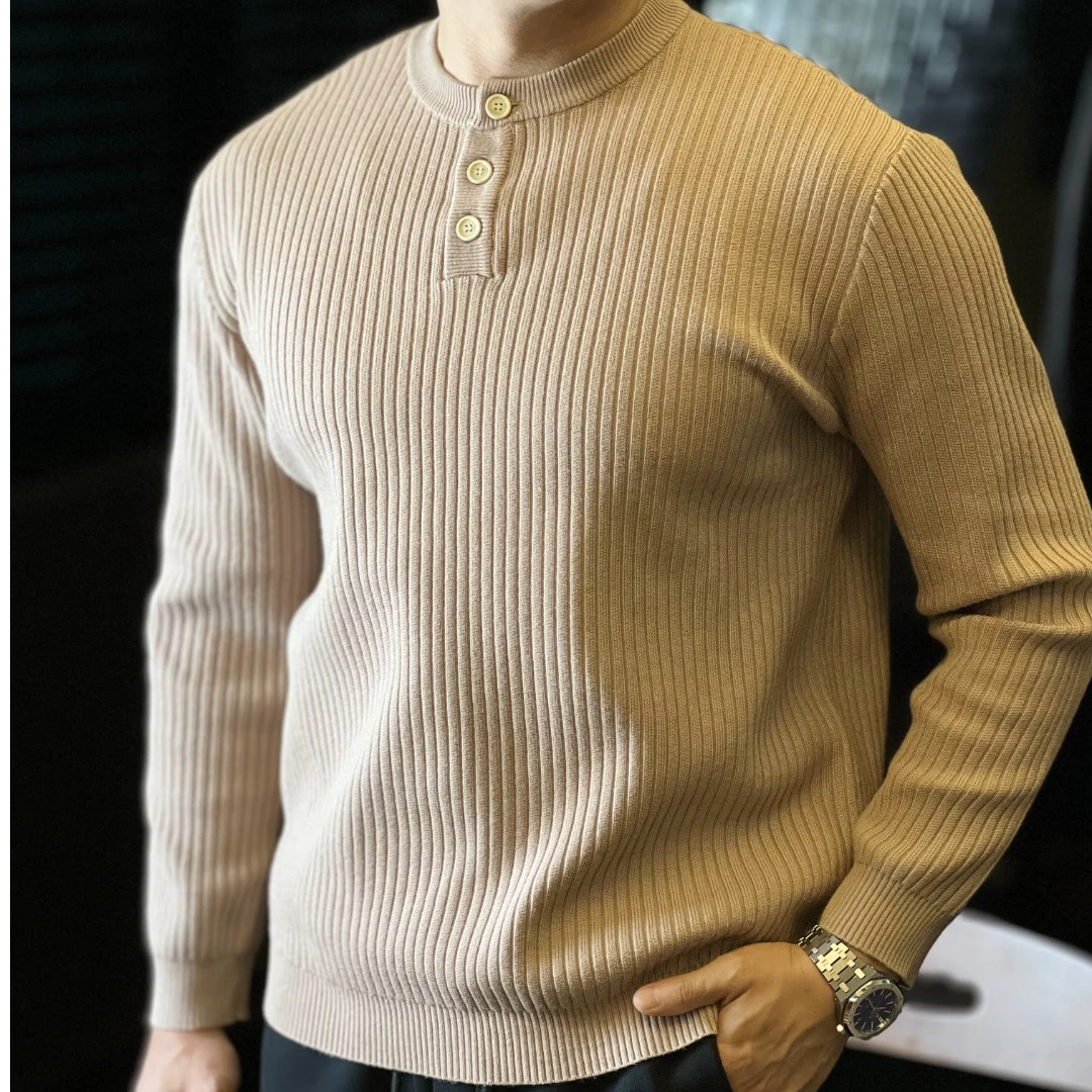 简素Design亨利领条纹肌理针织衫男长袖T恤修身内搭打底毛衣秋冬