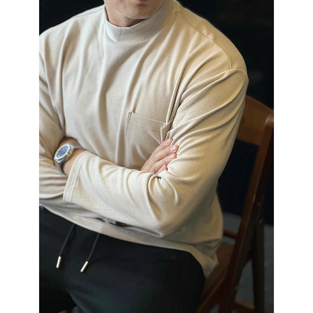 简素Design羊毛半高领侧口袋加绒长袖T恤男宽松内搭加厚打底秋冬