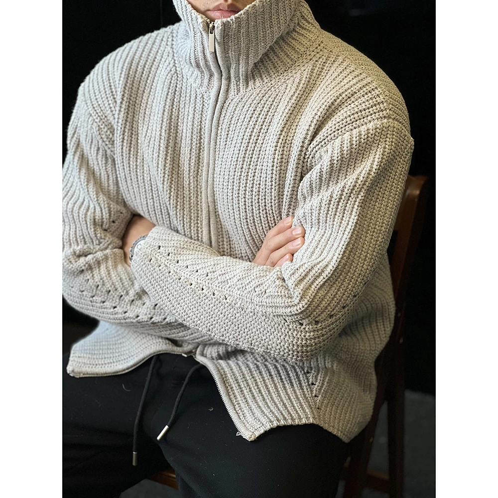 Design羊毛复古翻领加厚针织衫拉链外套男宽松毛衣开衫秋冬季男款