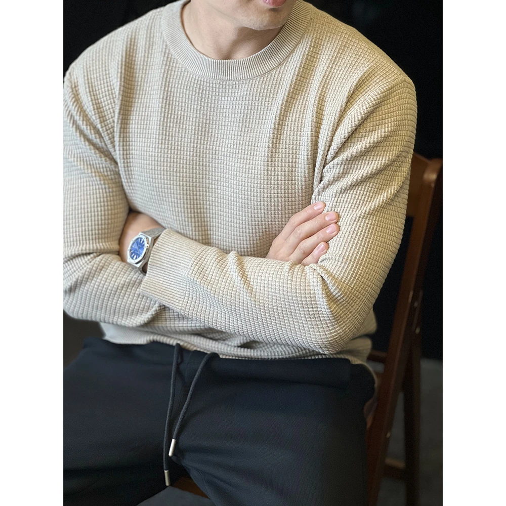 简素Design肌理华夫格圆领T恤针织衫男通勤简约长袖打底毛衣秋冬