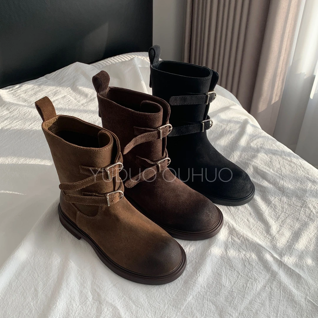 【YUDUO羽朵】秋冬新款真皮复古西部靴 时尚百搭英伦风皮带扣套筒靴