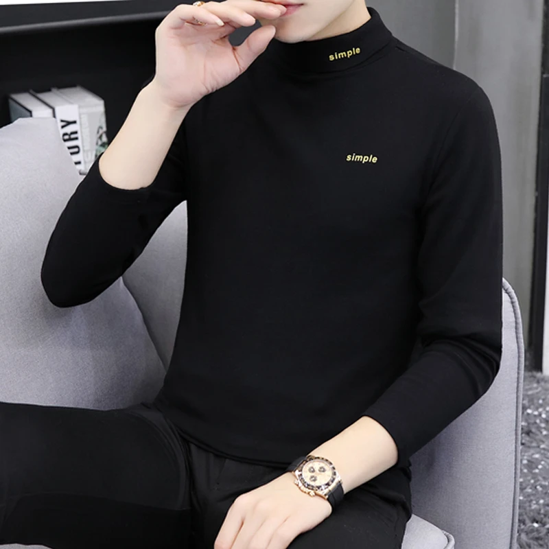 薄款高领长袖T恤男士打底衫半高领修身纯色时尚保暖上衣潮流男装