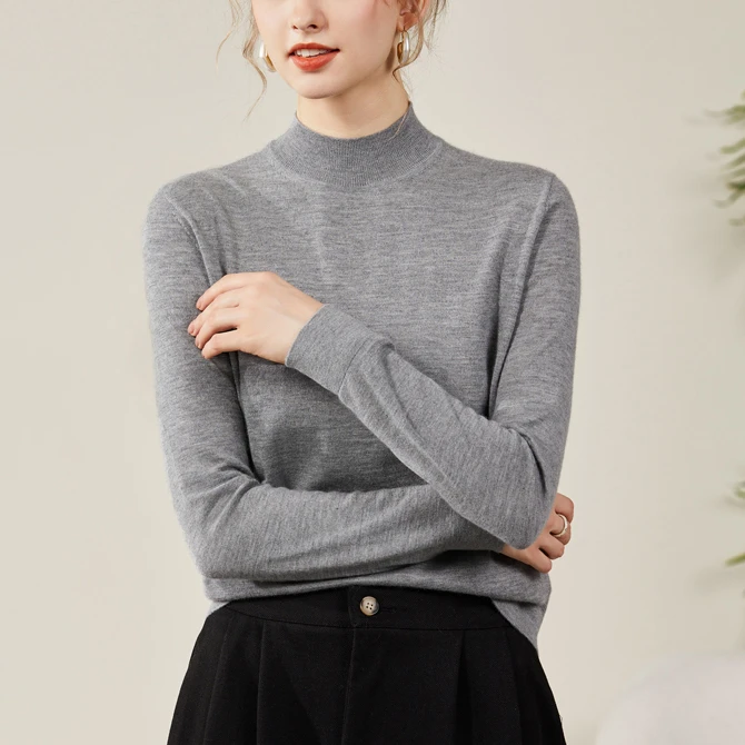 60支精纺100细羊毛衫女半高领薄款针织衫2024秋冬套头打底衫毛衣