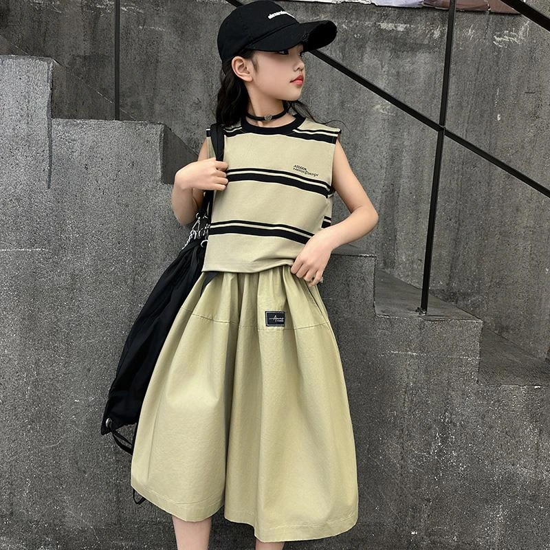 2025新款女童夏装阔腿裤套装时髦洋气大童夏季工装裙裤休闲两件套