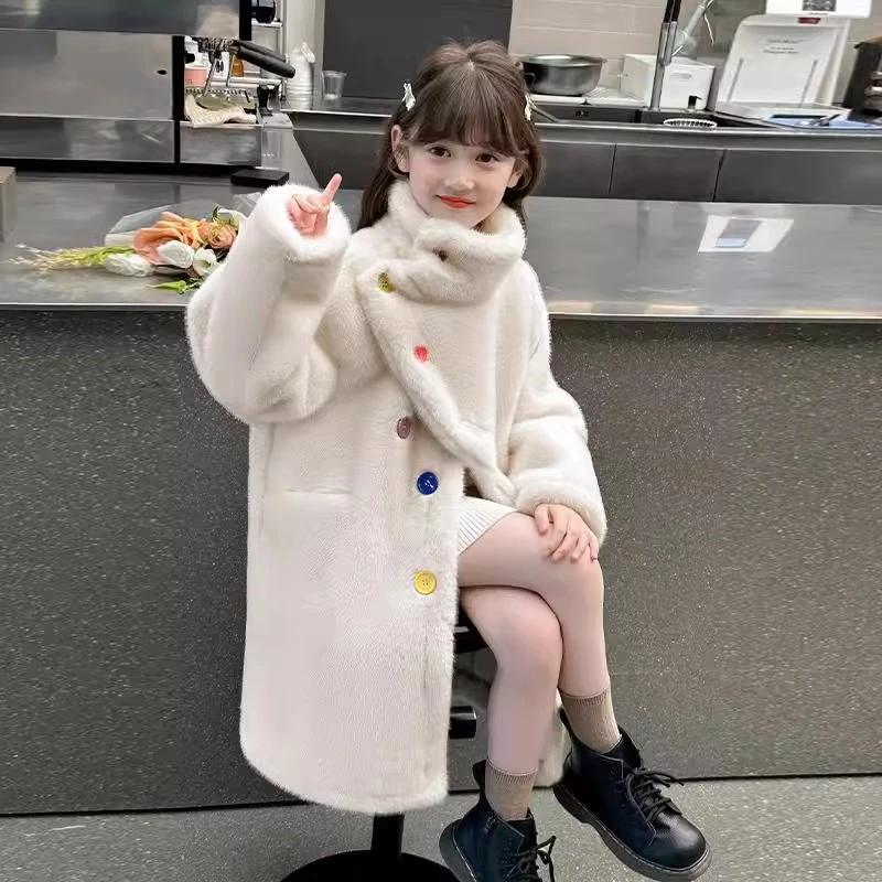 女童仿水貂绒中长款外套2025秋冬新款皮毛一体大衣加绒加厚毛毛衣
