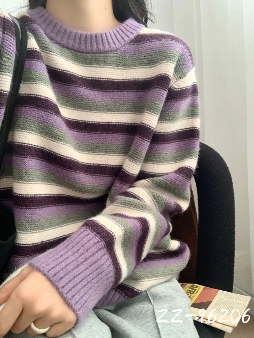 条纹针织衫女秋冬软糯慵懒风休闲毛衣加厚款打底宽松圆领套头衫
