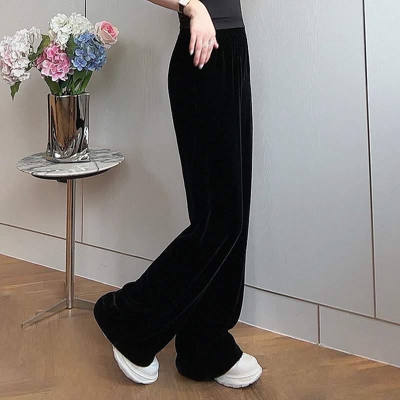 新中式真丝丝绒阔腿裤女2024秋冬款洋气金丝绒高腰休闲直筒长裤子