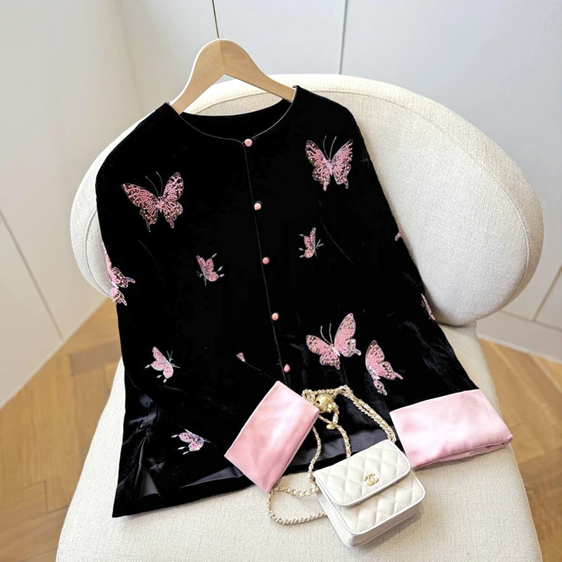 真丝丝绒加棉外套设计感刺绣气质百搭短外套复古国风桑蚕丝上衣