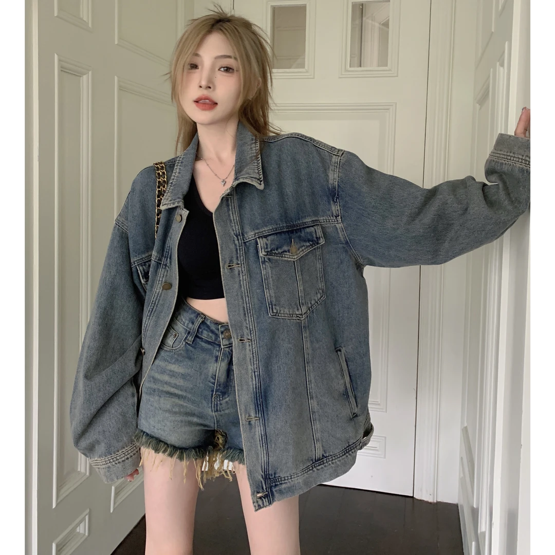 【艺恩】复古做旧牛仔外套女宽松休闲长袖夹克上衣韩版百搭秋季ins