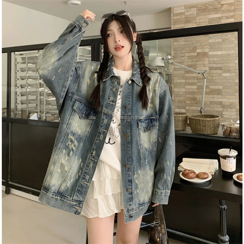 【艺恩】 美式复古潮牌磨破洗水做旧牛仔外套