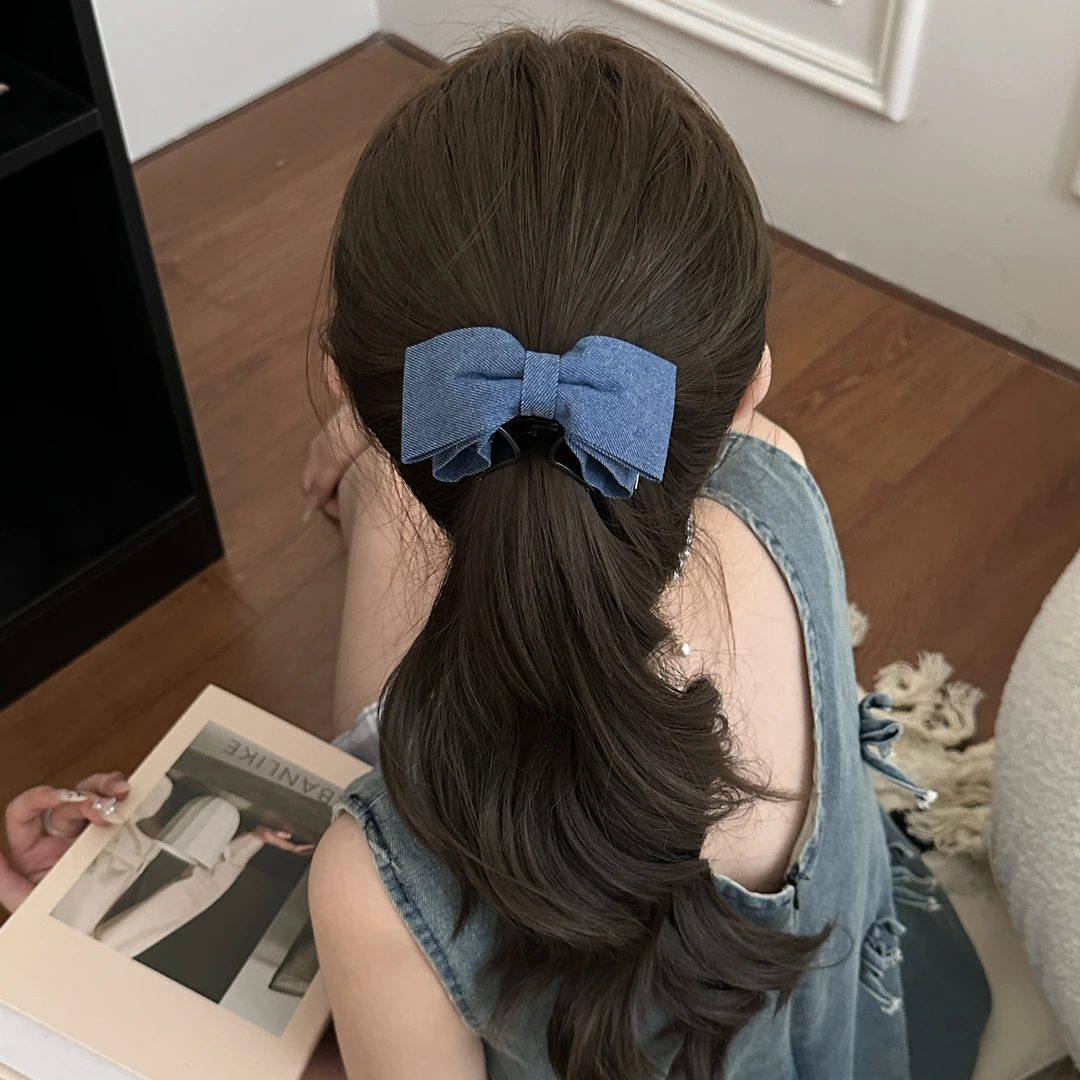 牛仔蓝蝴蝶结抓夹可折ins风高马尾夹简约高级感后脑勺夹