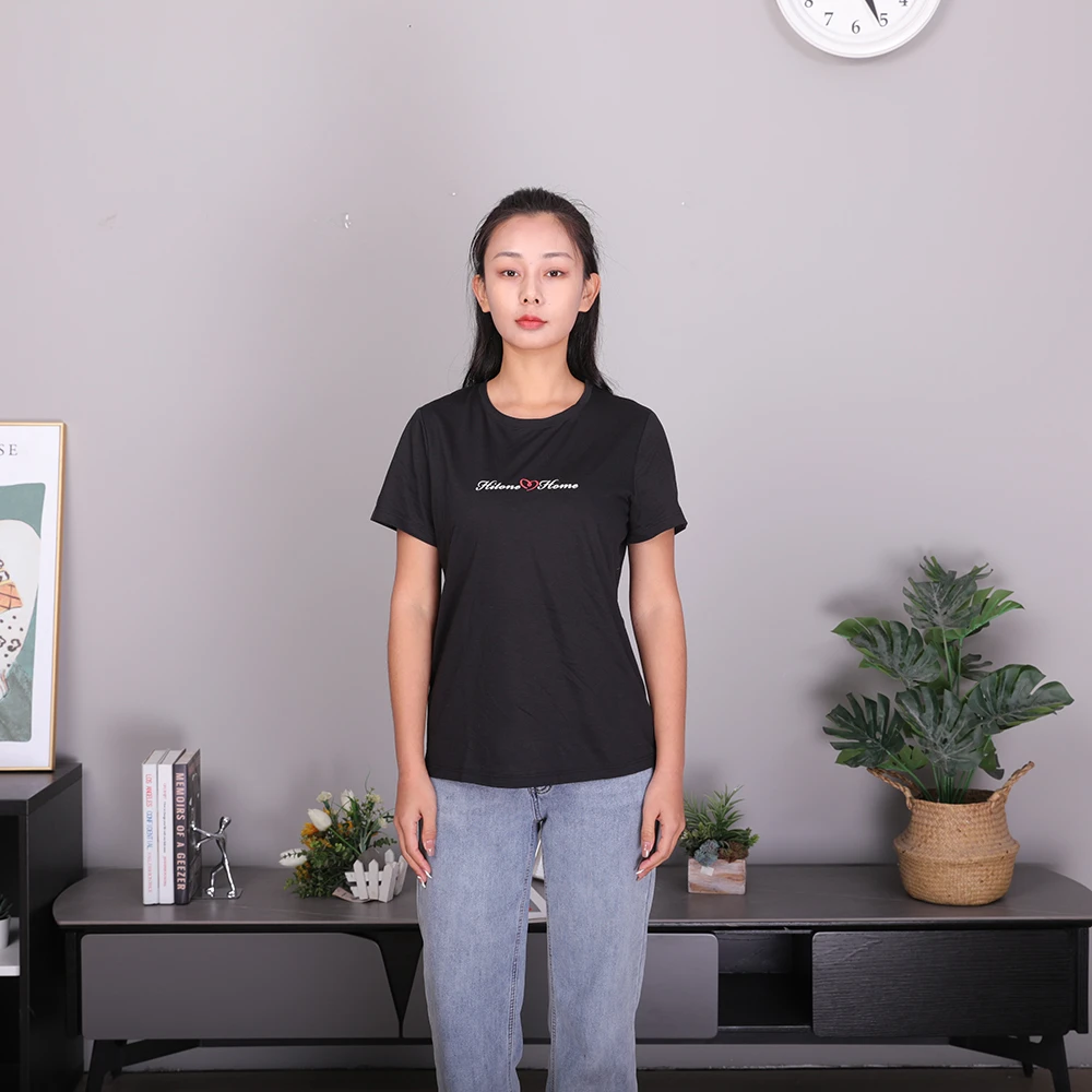 女士凉感百搭夏季圆领休闲T恤黑色时尚印花宽松半袖女款透气贴身