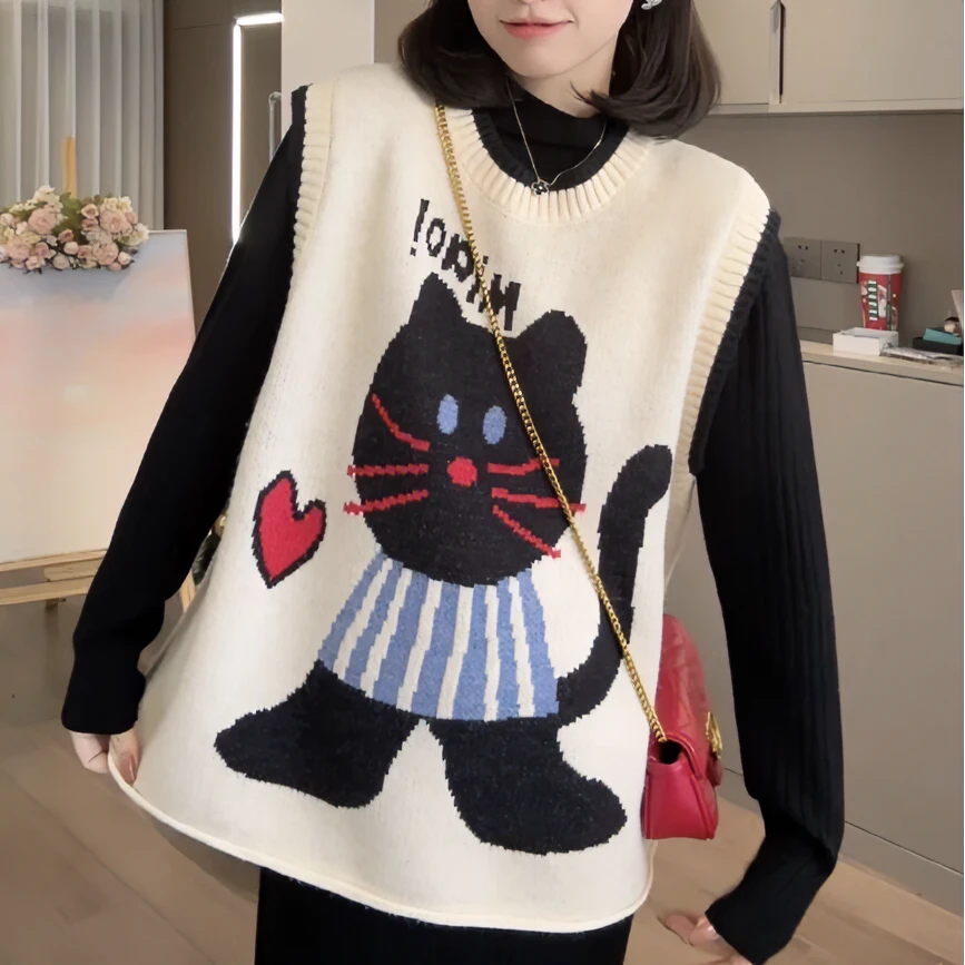 上衣马甲韩版圆领宽松秋冬卡通套头慵懒拼接提花拼色网红百搭女士