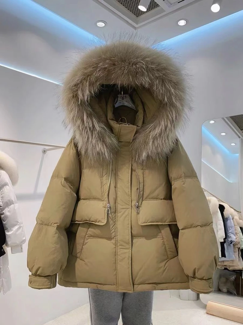 韩版大毛领羽绒服你短款2023年新款加厚宽松貉子毛白鸭绒冬季连帽