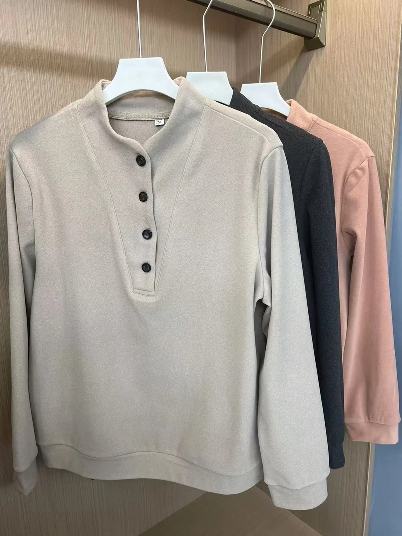 新款设计感双面德绒T恤女气质时尚打底衫立领遮肉显瘦上衣长袖