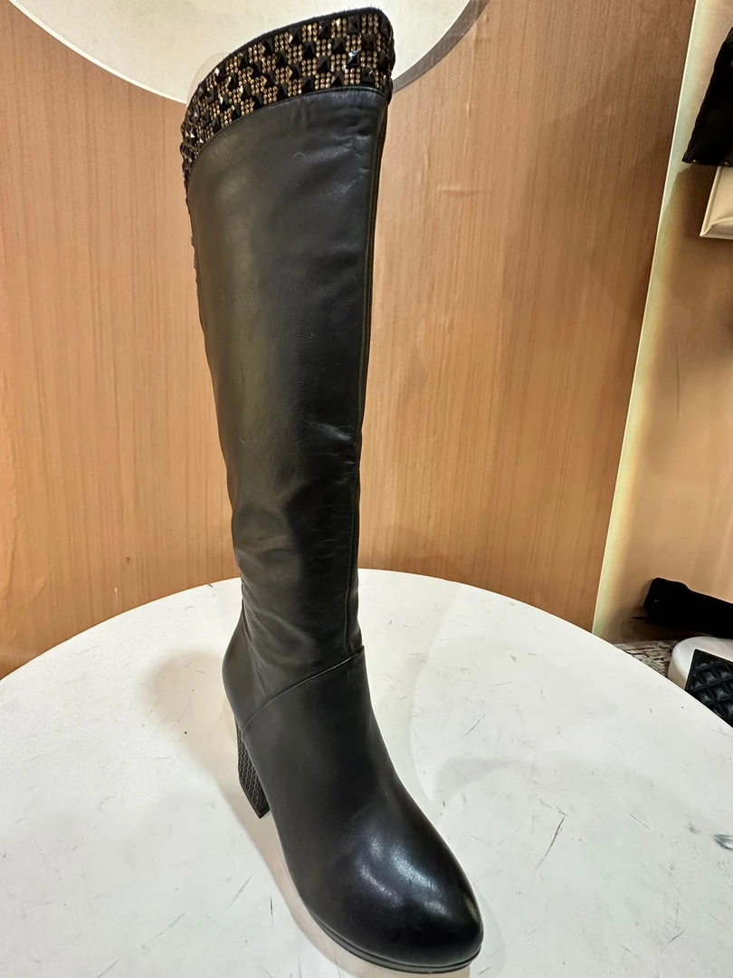 209-3120长靴女中跟粗跟牛皮靴子烫钻高筒里外全皮靴子