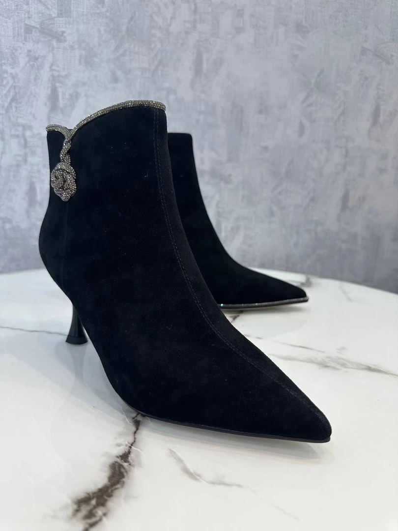 AKTUGA 短靴女早秋冬细跟时尚瘦瘦靴烫钻尖头黑色高跟