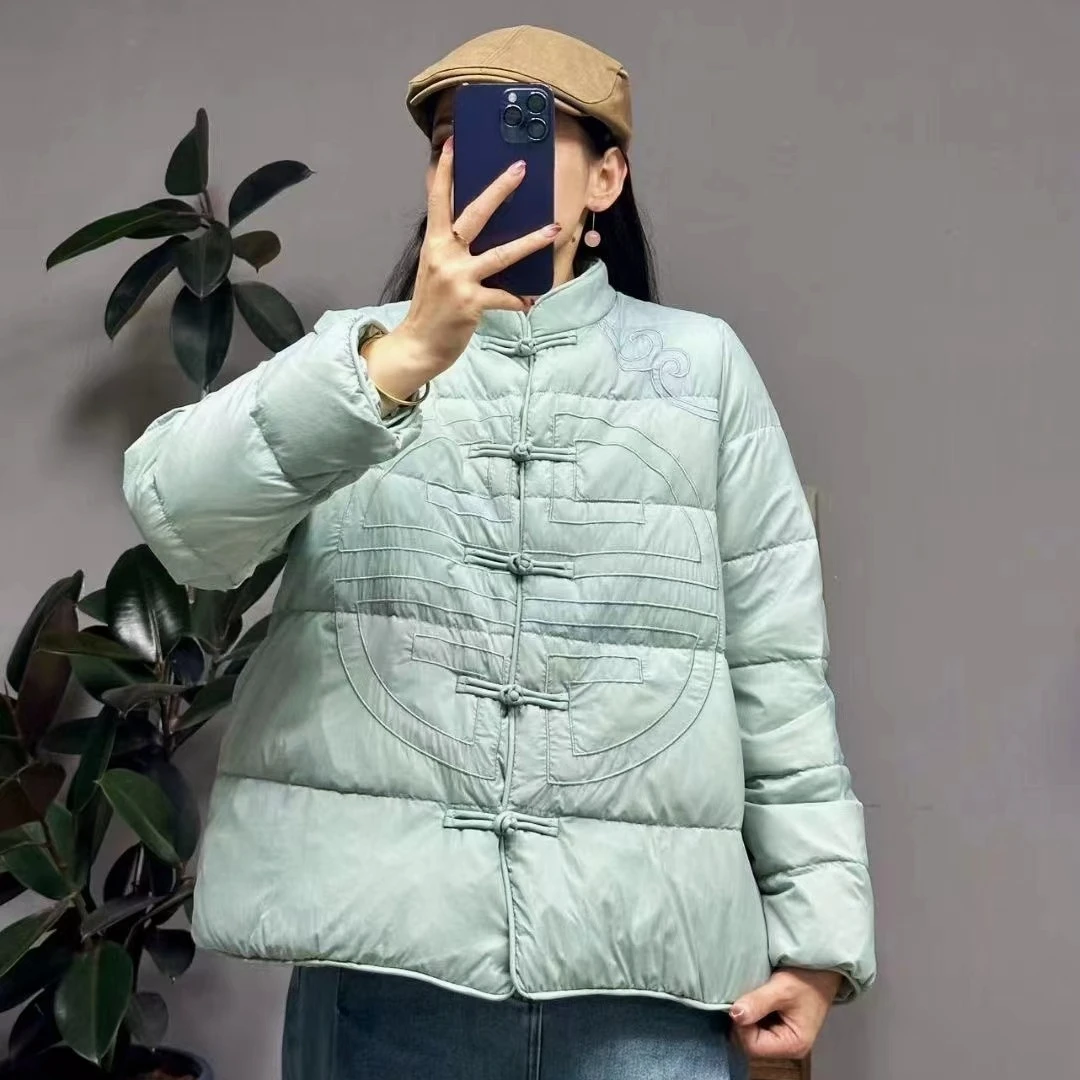 麻印女神国风羽绒服2024新款女士对襟重工刺绣时尚百搭羽绒上衣
