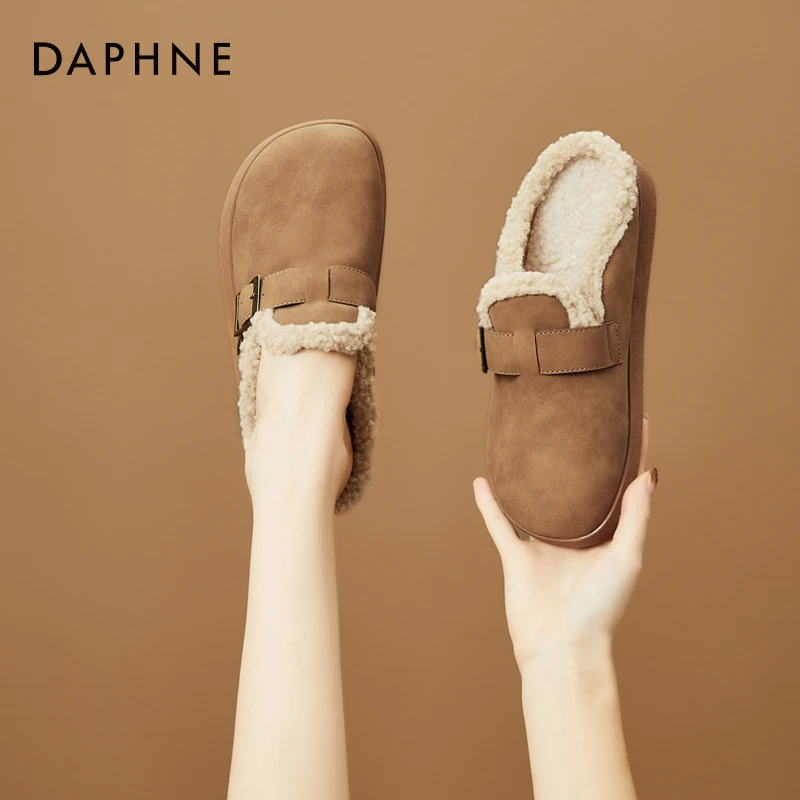 达芙妮加绒勃肯拖鞋女2025新款冬季孕妇毛毛鞋厚底包头棉拖鞋外穿