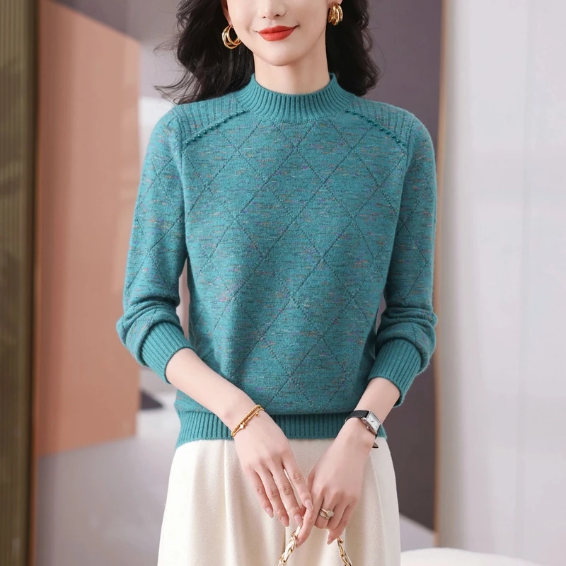 半高领彩花色线洋气宽松百搭遮肚子中年妈妈针织打底衫毛衣女冬季