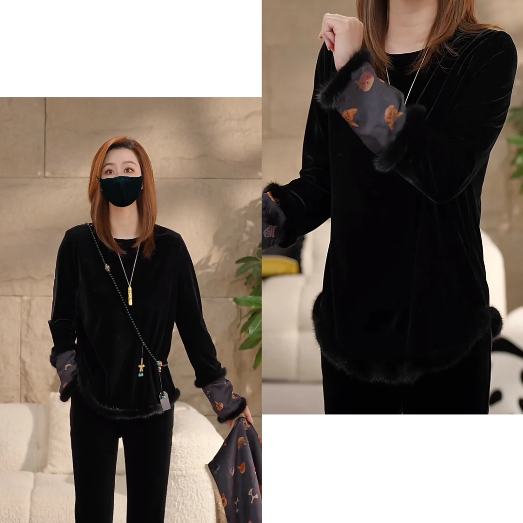 Miss.Z【眼镜猫-1】中式丝绒拼接水貂毛袖口衬衫#c9789