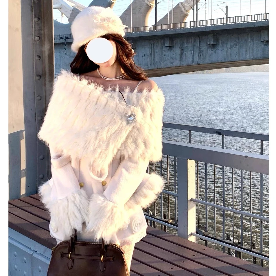 南理香北岛月光 一字肩韩系慵懒风外套女秋冬长袖显瘦减龄上衣