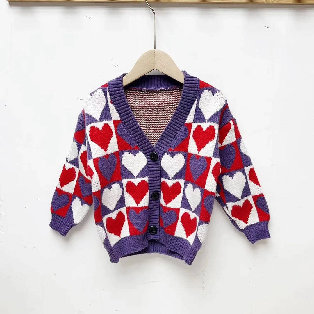 3049春秋季儿童时尚休闲爱心拼色毛衣开衫