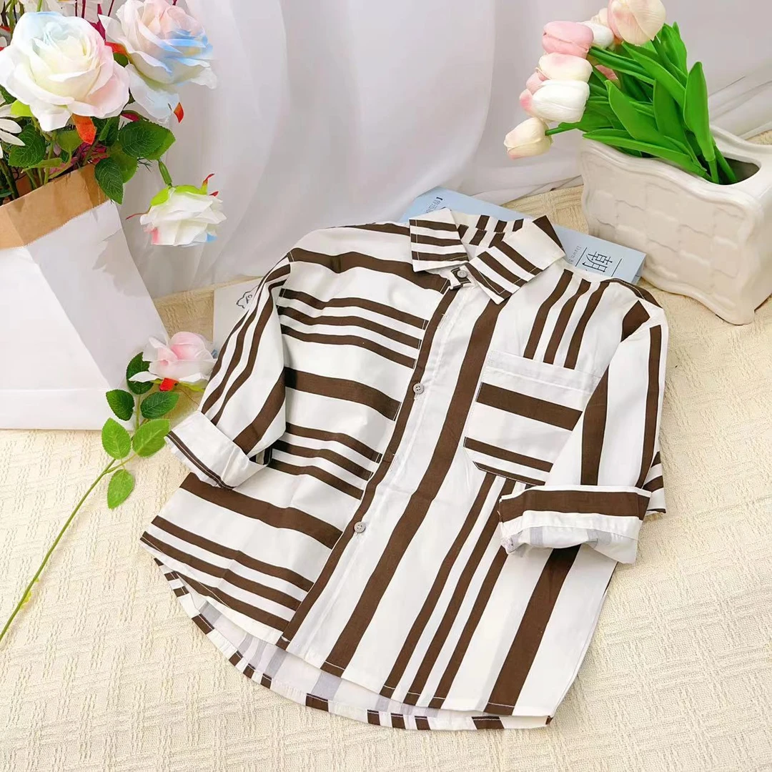 儿童春夏季新款时尚洋气白搭条纹衬衫8202