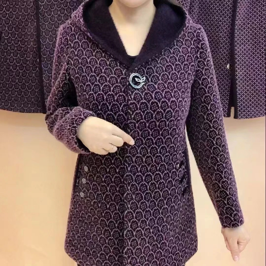 洋气中年妈妈秋冬中长款连帽妈妈外套