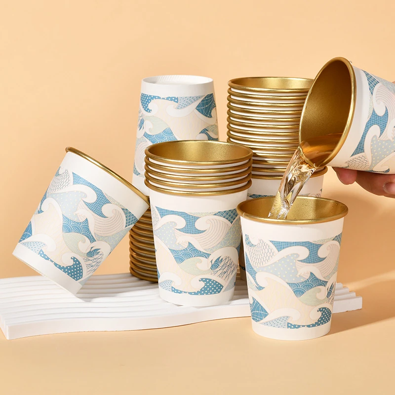 高档金箔商务纸杯一次性加厚家用办公室待客茶水杯咖啡杯金箔杯