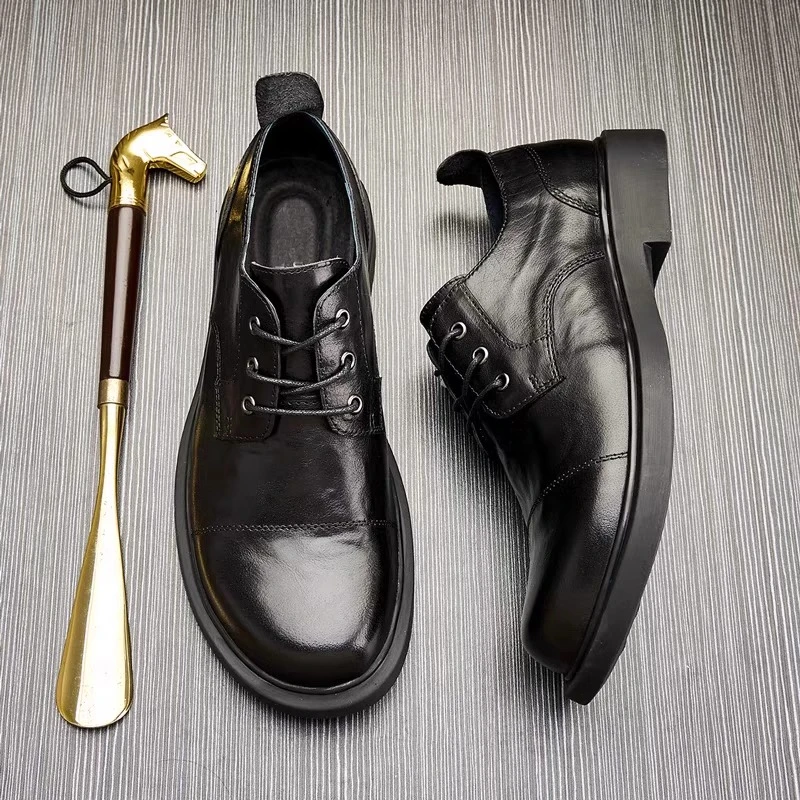 休闲男皮鞋商务黑色秋季休闲男士新款时尚百搭系带厚底真皮男皮鞋
